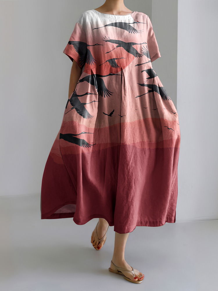 Comstylish Retro Flying Bird Landscape Print Japanese Art Cozy Linen Blend Dress
