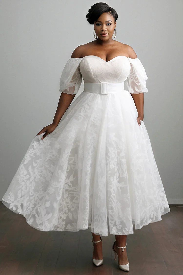 Xpluswear Design Plus Size Wedding White Off The Shoulder Puff Sleeve Short Sleeve Elegant Lace Midi Dresses [Pre-Order] 2024 - Xpluswear