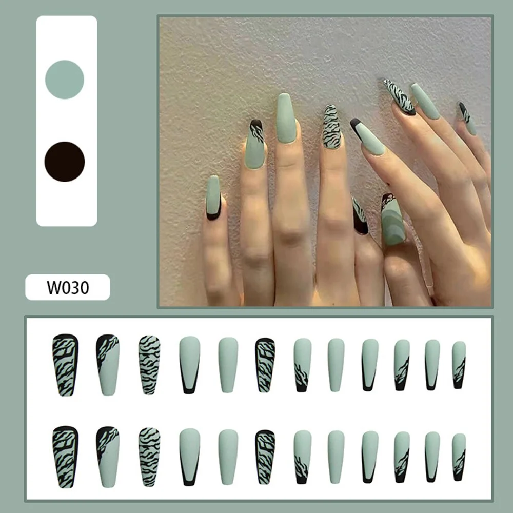 24pcs Leopard False nail Long French Fake nails Press On Nails Green Texture Pattern Nail Tips With Glue Nail Art Tools