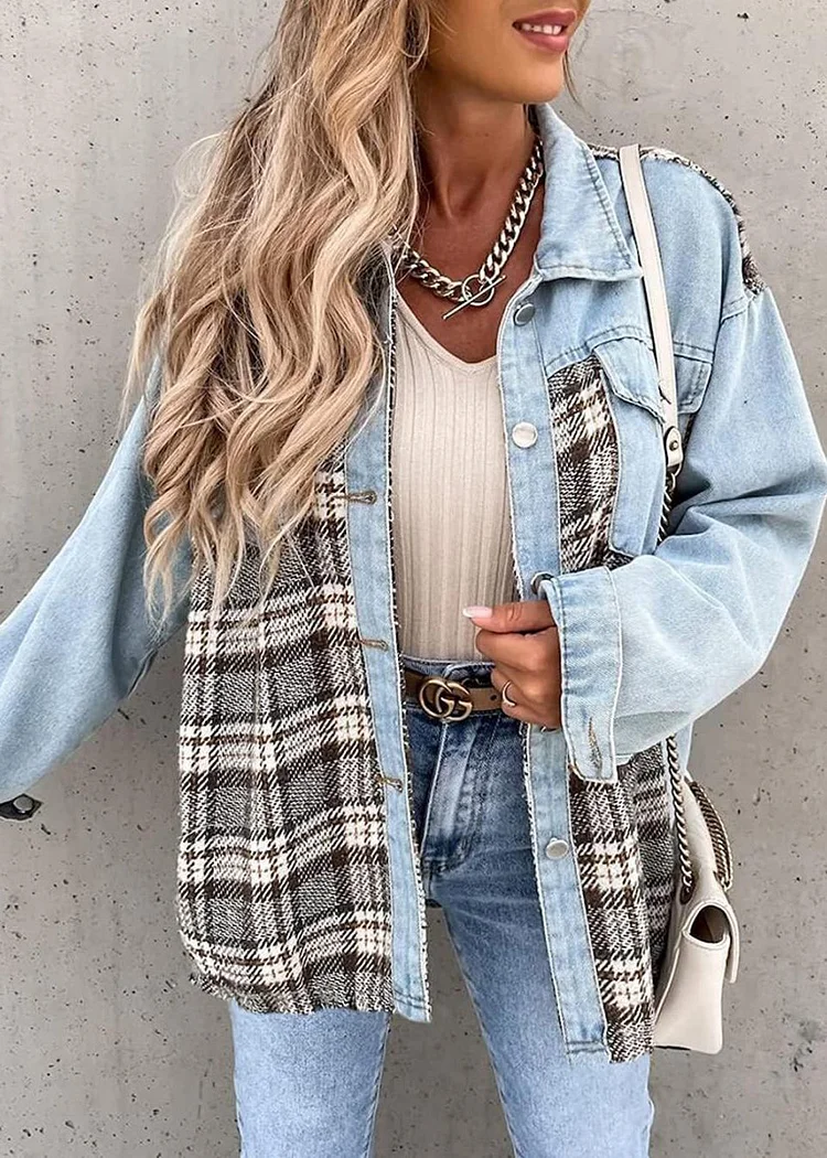 Loose Light Blue Peter Pan Collar Plaid Patchwork Denim Jackets Fall