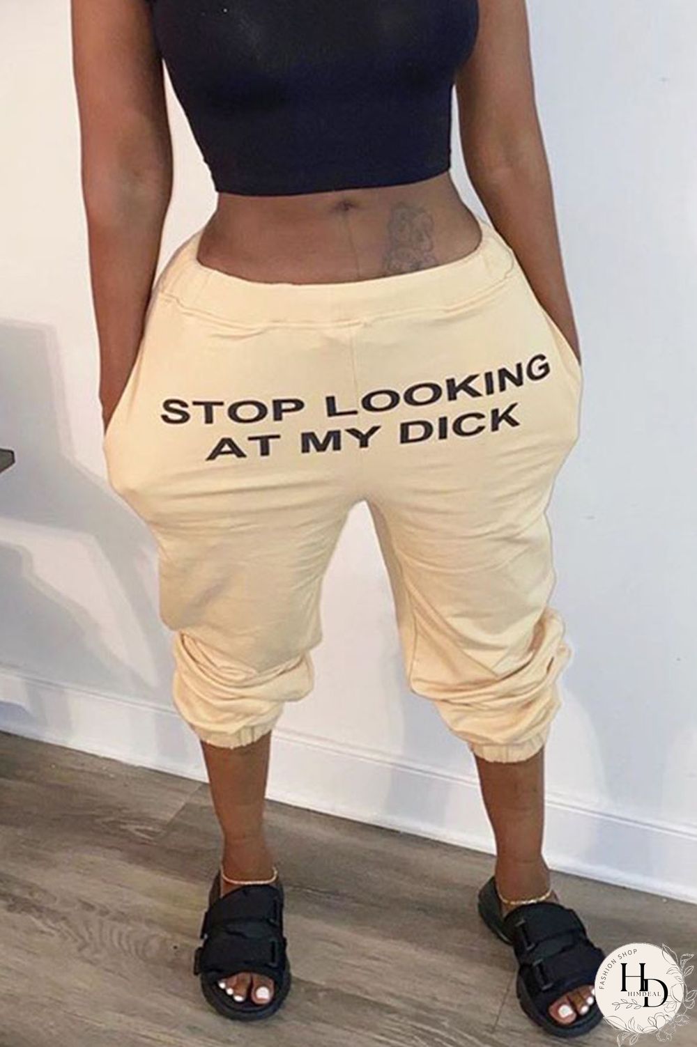 Apricot Cotton Blends Mid Letter Print pencil Capris Bottoms