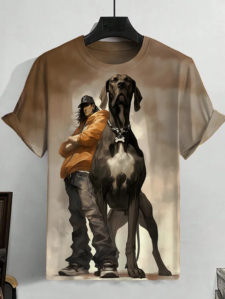 Men's Black Boy and Giant Hound Print Casual T-Shirt