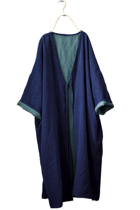 Plus Size-Fall Retro Cotton Linen Robe Blue Casual Coat