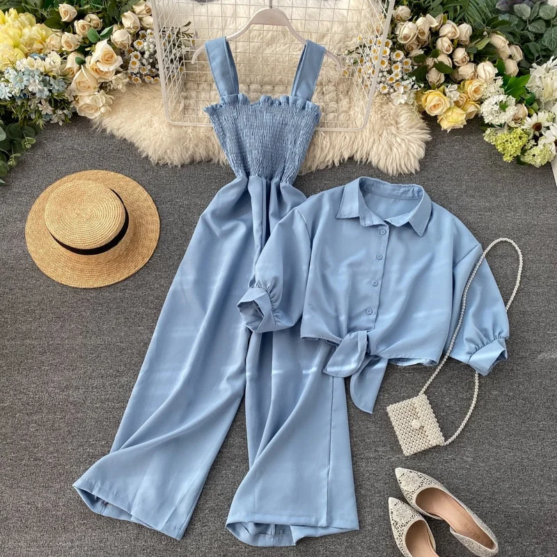 Fitaylor Summer Two Pieces Set Women Loose Short Sunscreen Jacket + Suspending Rompers Clothing Female Casual Holidays Suit