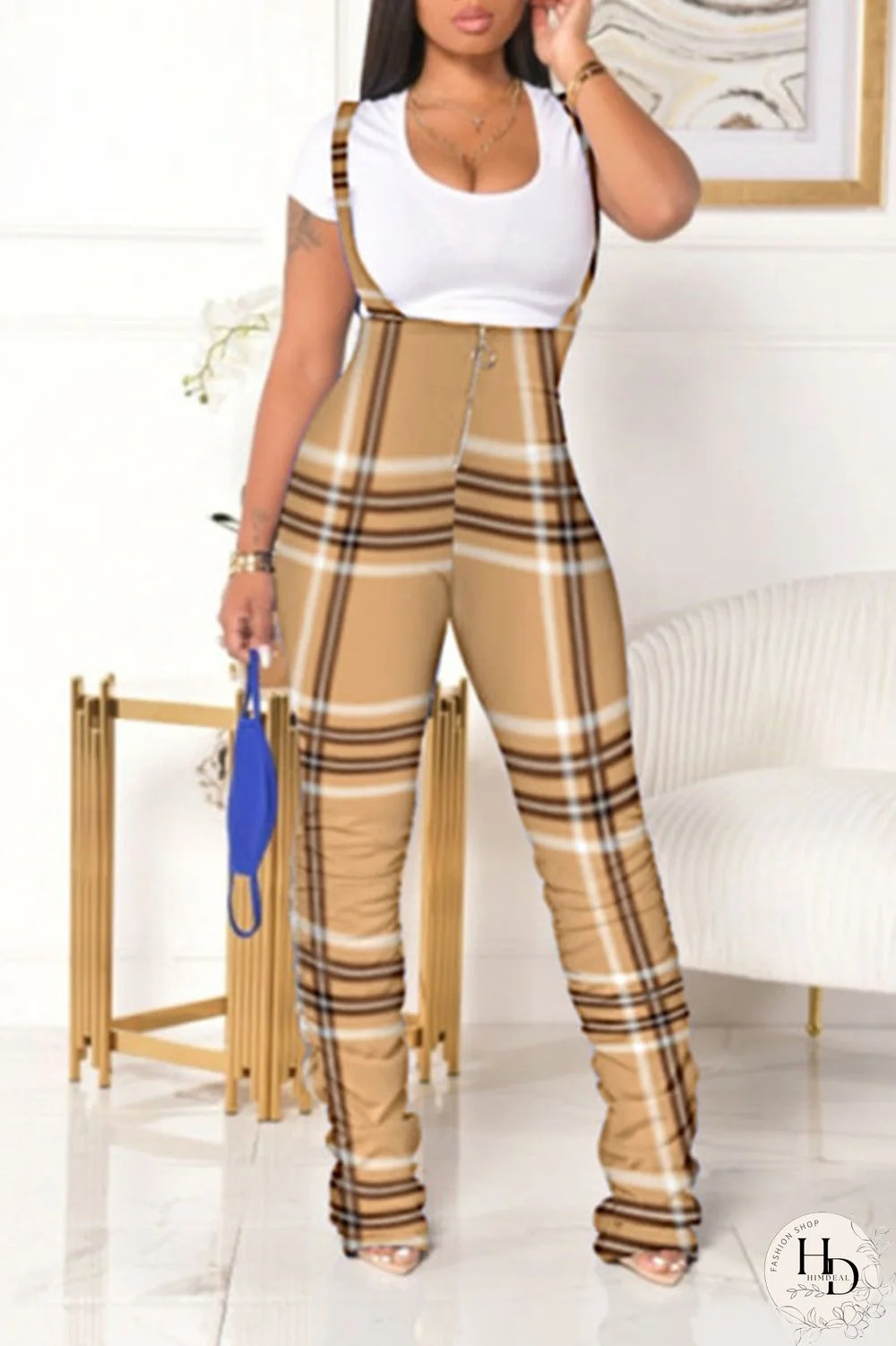 Khaki Casual Plaid Print Split Joint Fold Zipper Regular High Waist Pencil Full Print Bottoms