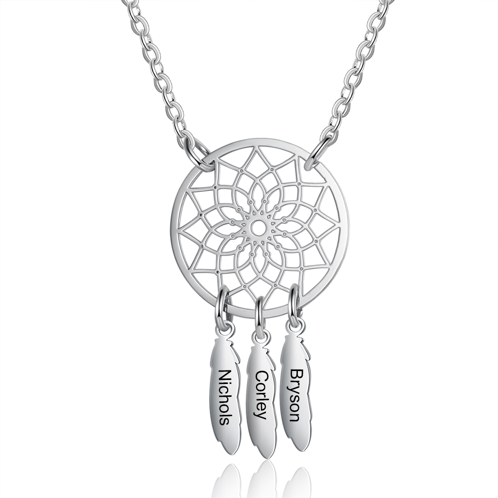 Personalized Retro Dream Catcher Necklace Engraved 3 Names Gift For Women