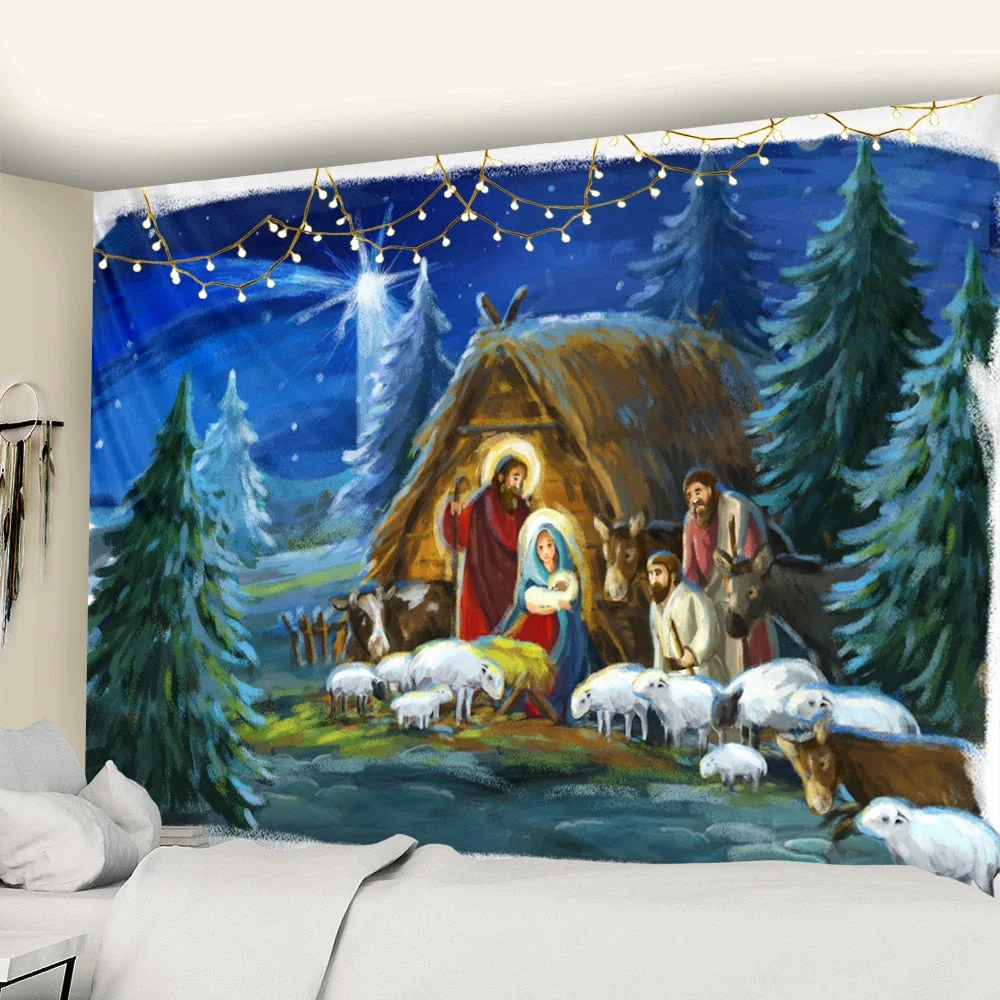 Christmas Village Wooden House Tapestry Ice And Snow Style Wall Hanging Merry Christmas Tapestry For Home Deco Christmas Gift