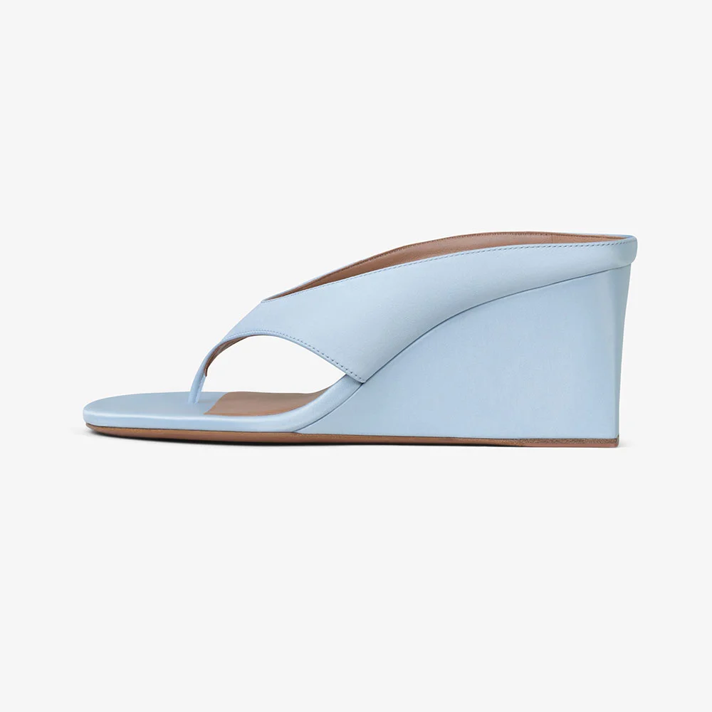 Simple Light Blue Open-Toe Flip Flop Wedge Sandals for Women