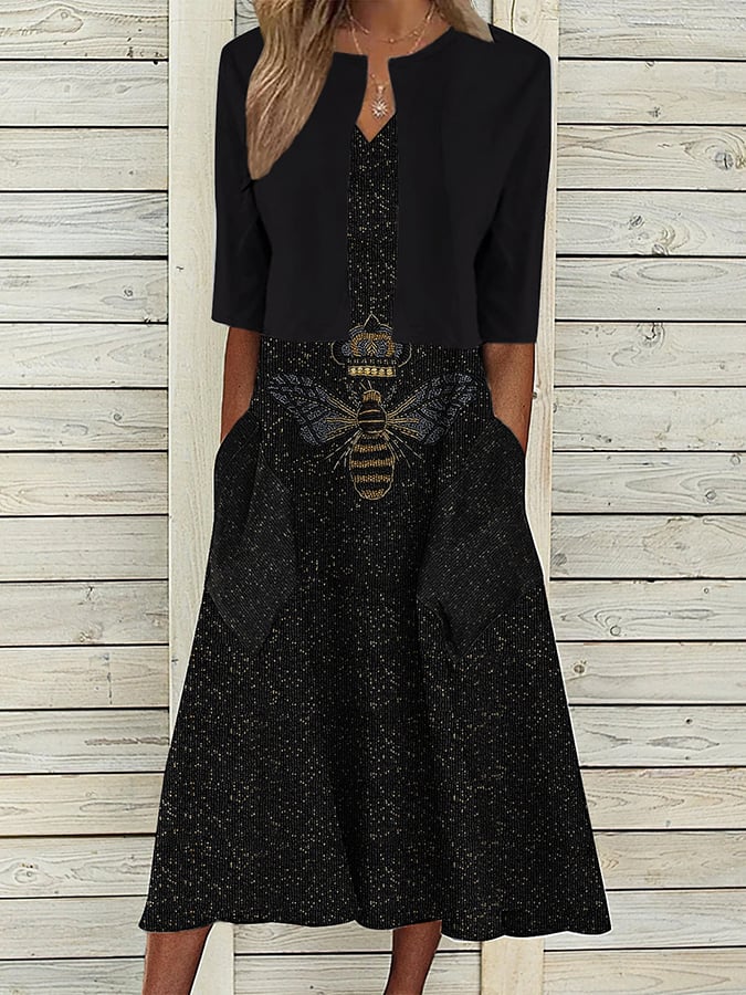 Women's Casual Printed Tank Top Dress With Mid-Sleeve Cardigan Two-Piece Set