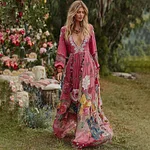 Women's Floral Art Print V-neck Long Sleeve Maxi Dress - Image 2