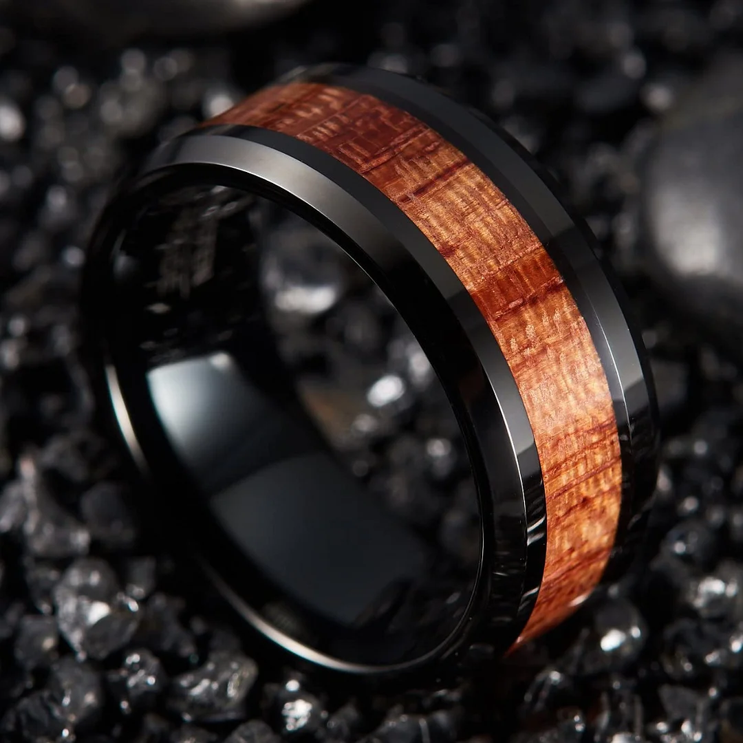 6/8/10MM Mens Womens Tungsten Carbide Rings Koa Wood Black Carbon Fiber Polished Beveled Edges Couple Wedding Bands Custom