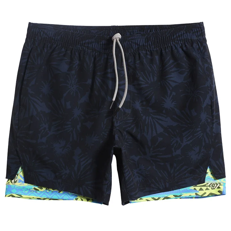 2 in 1 Stretch Long Lined Black Printed Gym Shorts