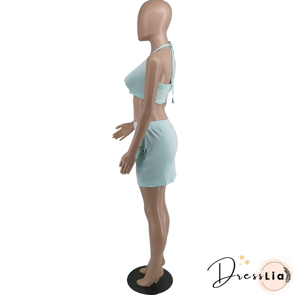 Plus Size Summer Solid Women Square Neck Sleeveless Crop Top+Elastic Waist Mini Skirt 2 Piece Set