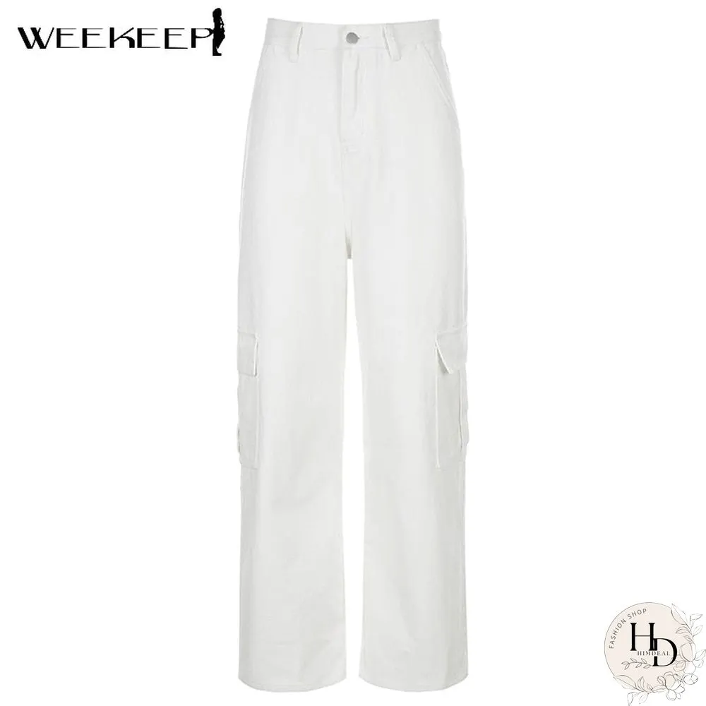 High waist jeans women streetwear straight leg jeans women blue 100 cotton cargo pants