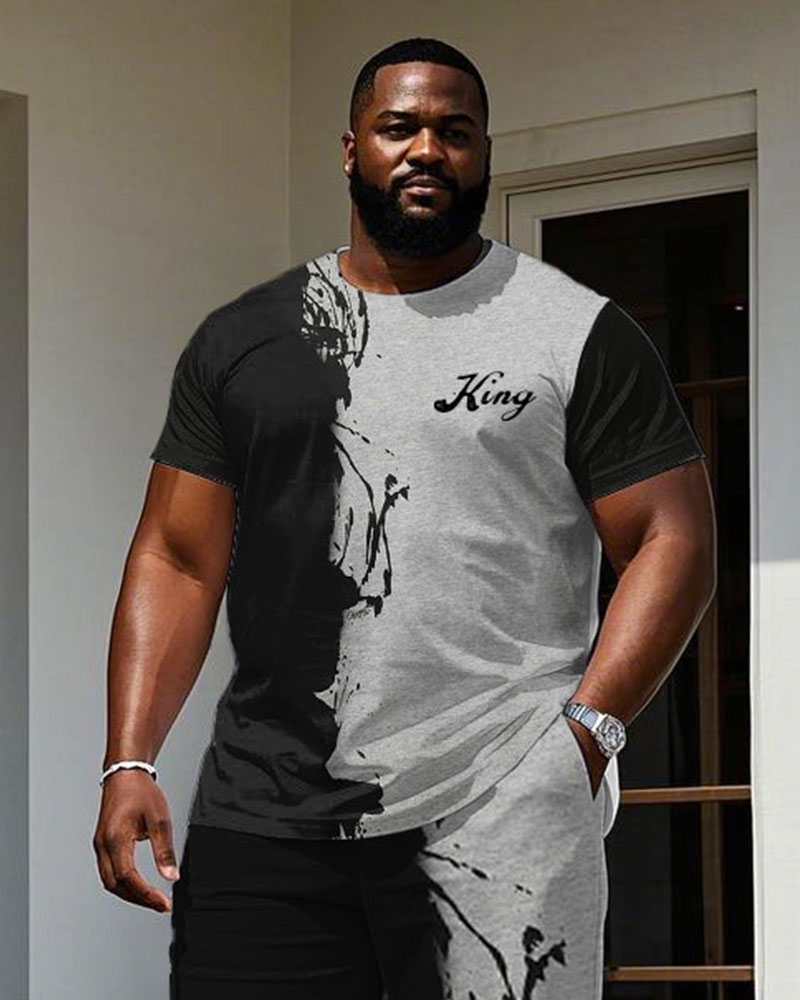 Men's Big & Tall Street Fashion Black Ink-throwing Small Label Printed Short-sleeved T-shirt Trousers Set