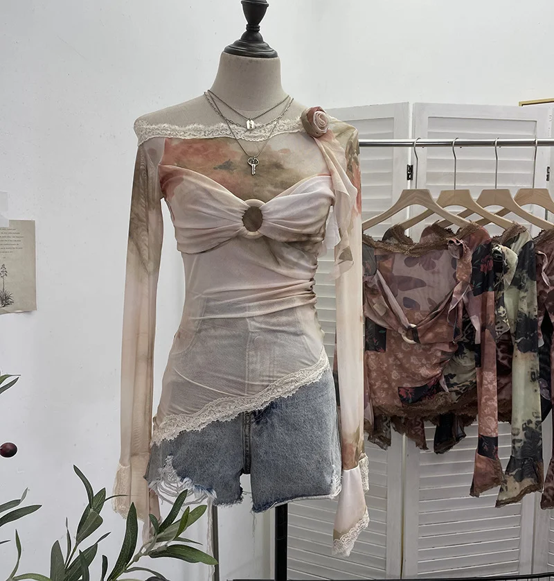 Zingj Real Shooting Lace Splicing Oblique Shoulder Thin Tie-Dye Mesh T-Shirt Girl T-Shirt T-Shirt Shawl T-Shirt 9986