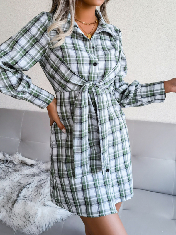 Mature Women Summer Fashion Casual Plaid Tie Cotton Linen Shirt Skirt Dress