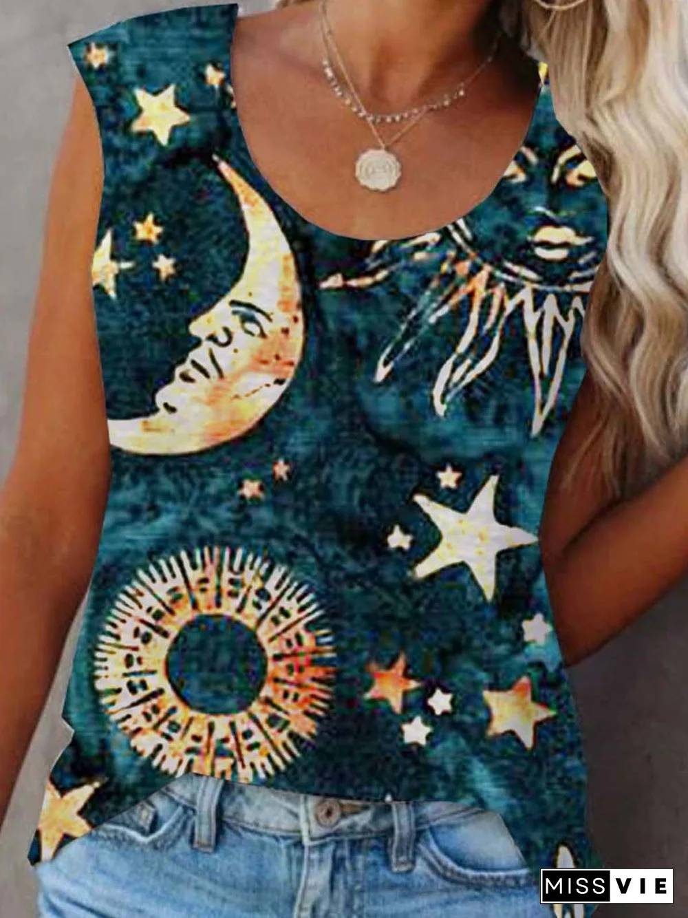 Graphic Sleeveless Printed Cotton-blend Crew Neck Vintage Summer Blue Top