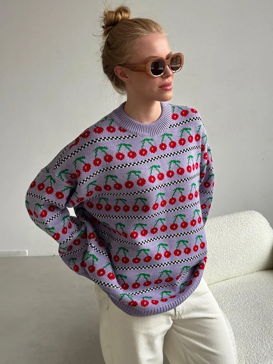 Churchf Churchf Neck Cherry Sweater Fall 2024 New Vintage Knit Cherry Round Neck Sweater