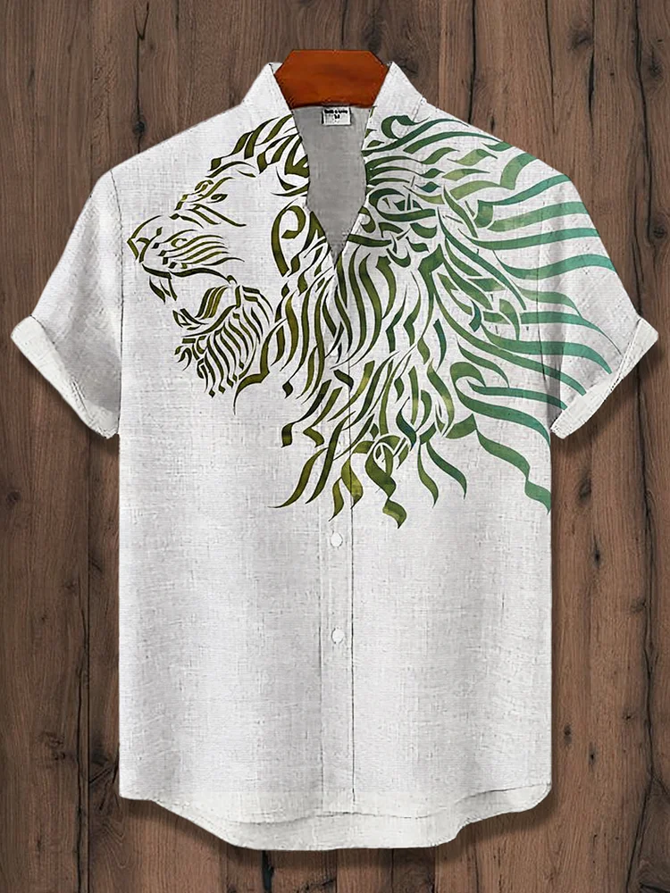 Men's Lion Calligraphy Art Pattern Print Casual Shirt