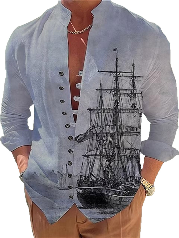 Men's Shirt Graphic Prints Vintage Sailboat Stand Collar Apricot Pink Blue Purple Green Outdoor Street Long Sleeve Print Clothing Apparel Fashion Designer Casual Comfortable