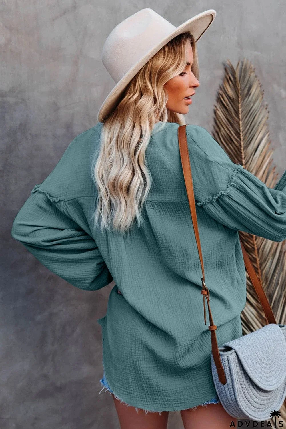 Casual Balloon Sleeve Crinkled Top