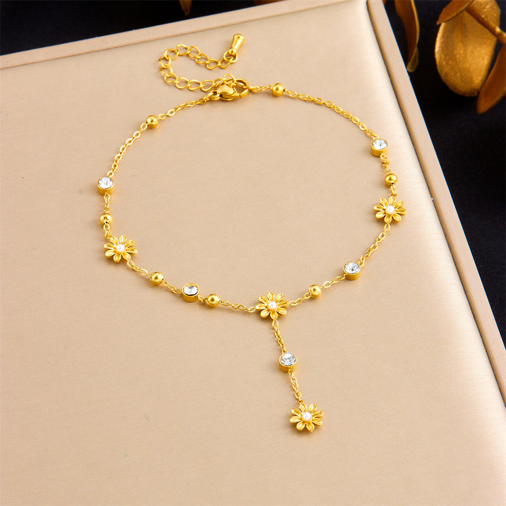 Fashionable And Simple Style Hanging Tassel Stainless Steel Diamond Heart Butterfly Flower Accessories Gold-Plated Anklet