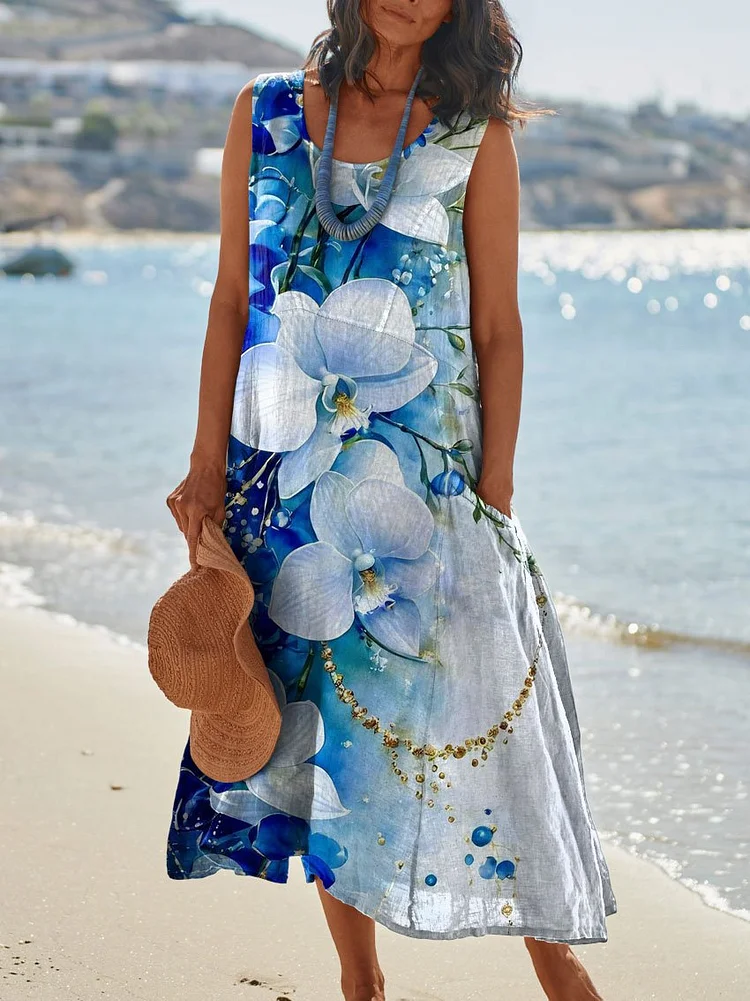 Women's Floral Print Pocket Apron Linen Dress