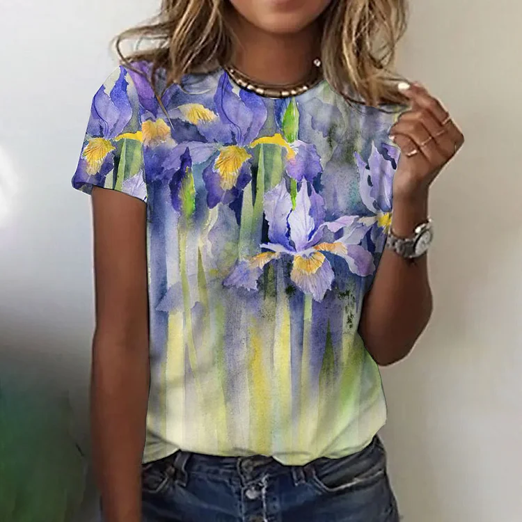 Iris Print Round Neck Short Sleeve T-Shirt