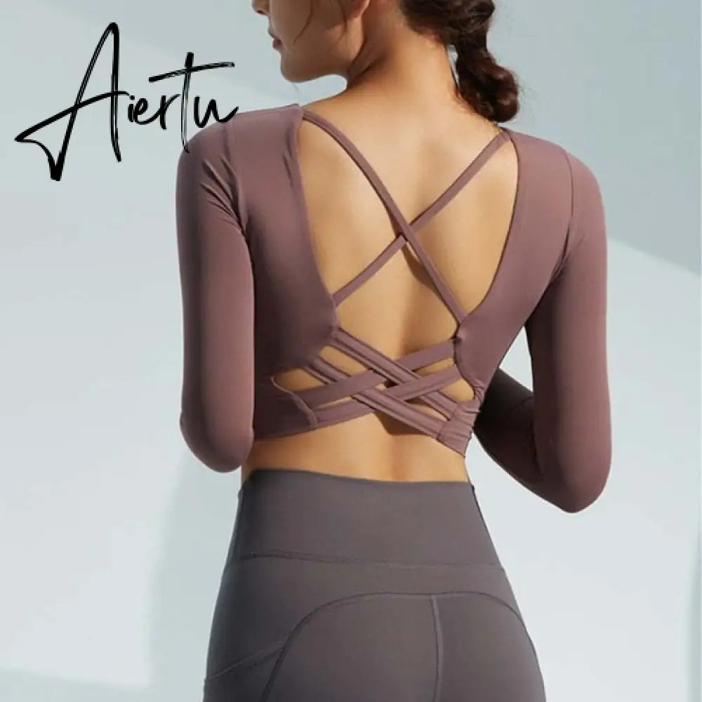 Sexy Inner Paded  Sports shirt Women Long Sleeve Gym Workout Thumb Holes  Breathable Anti-sweat Running  Yoga Shirt Dry Fit Top Aiertu