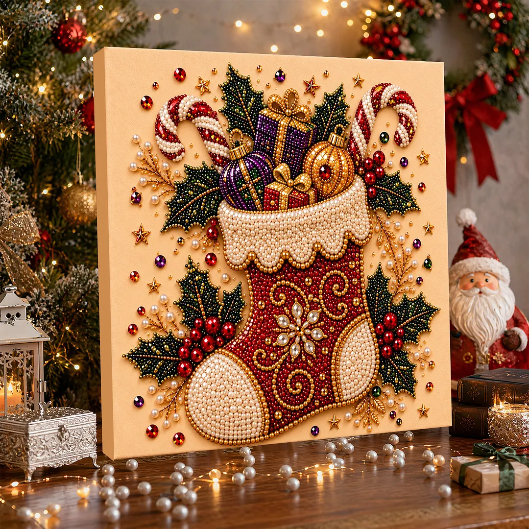 Framed Pearl Painting Kit Christmas Stocking 7.87x7.87in