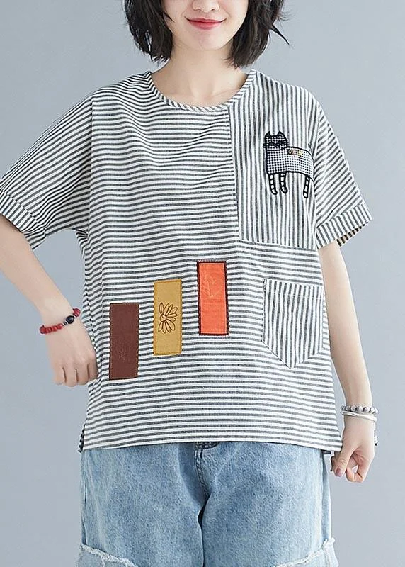 Boho Grey Striped Appliques Cotton Linen Tops Summer