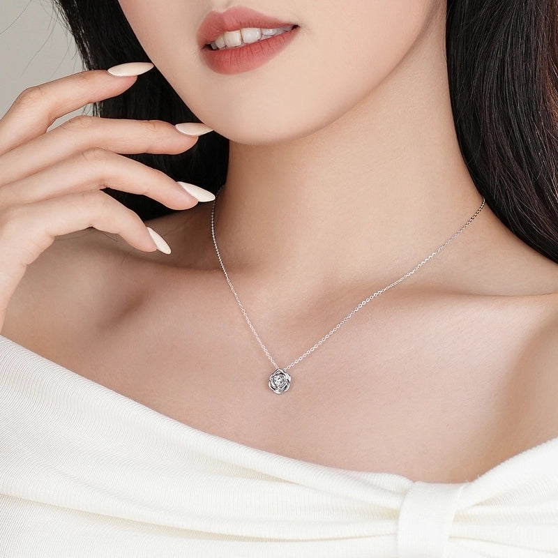 925 Sterling Silver Zircon Plating Rose Pendant Necklace
