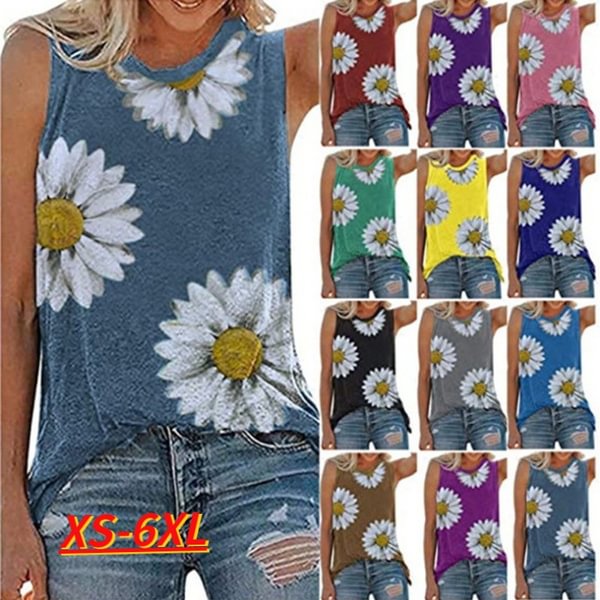 Plus Size Womens Summer O-neck Sleeveless Daisy Printed Tops Casual Loose Soft and Thin T-shirts Ladies Fashion Cotton Tank Tops XS-6XL - Chicaggo
