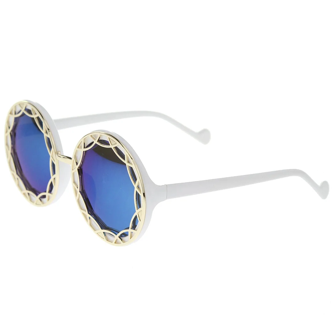 Women's Oversize Ornate Flat Pattern Color Mirror Lens Round glasses 55mm