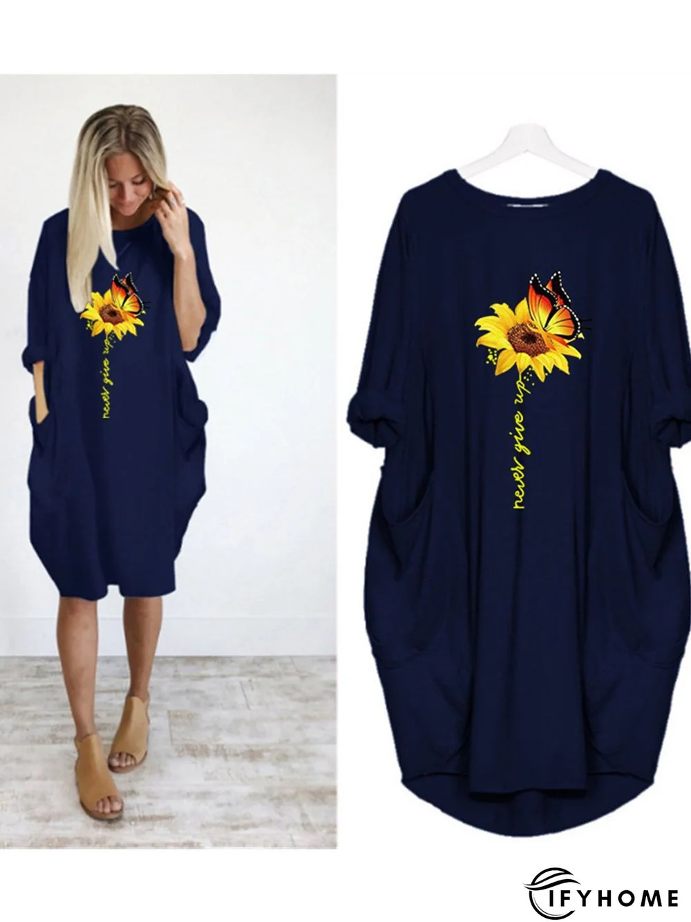 Casual Plus Size Round Neck 3/4 Sleeve Midi Knitting Dress | IFYHOME