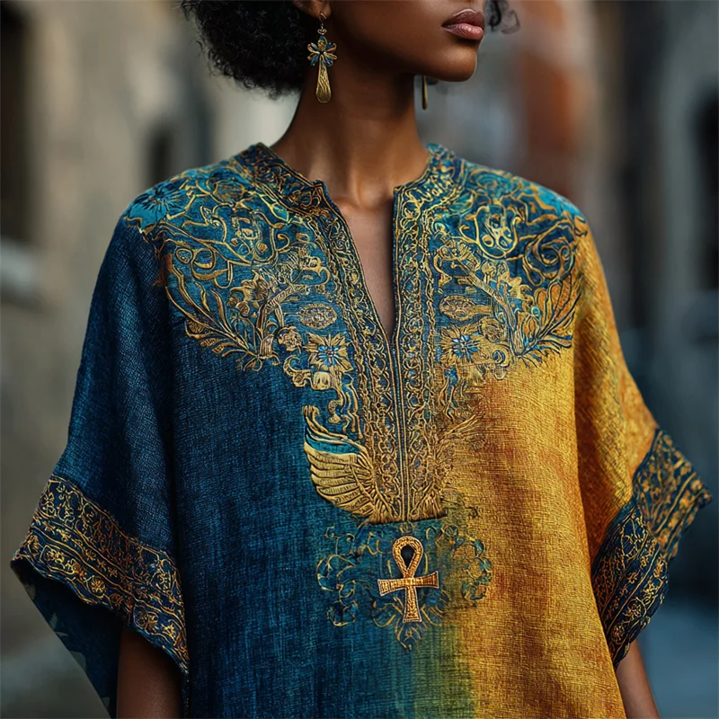 Ankh Ancient Egyptian Floral Embroidered Contrast Gradient Linen Shirt