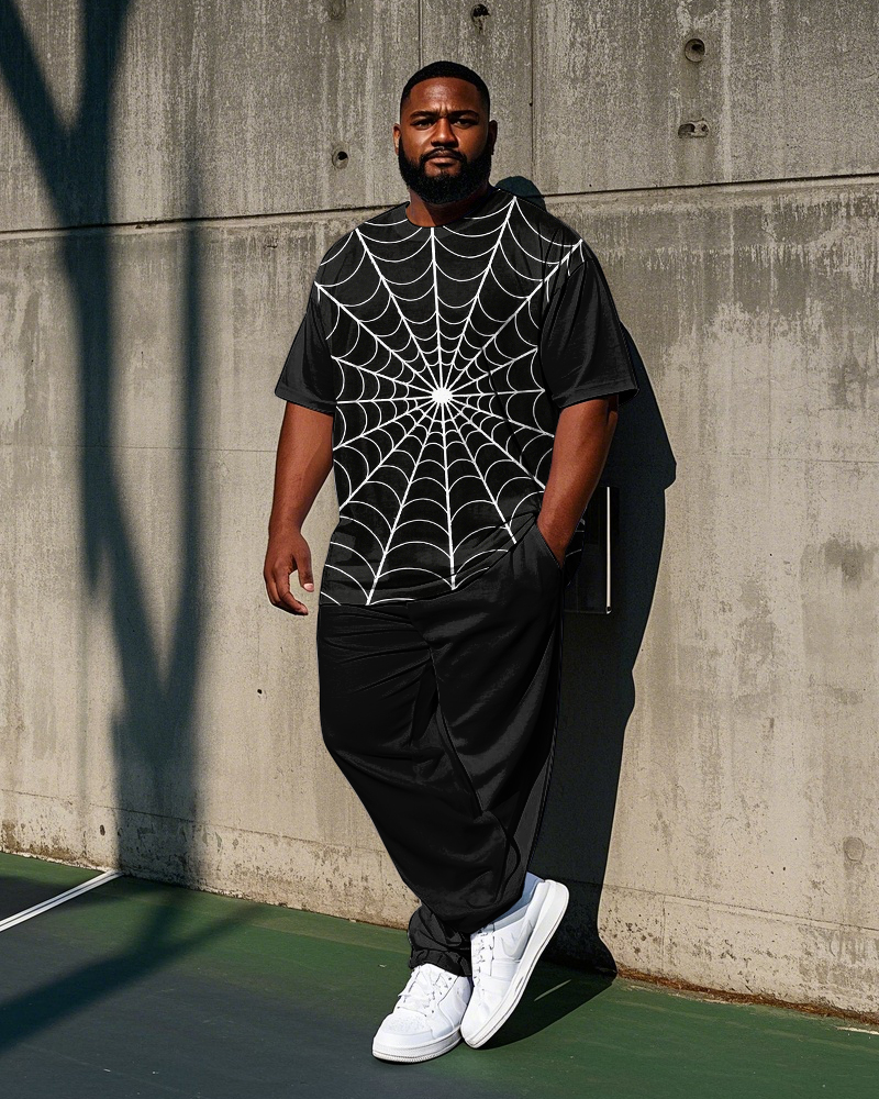 Big Men's 2-Piece Set Simple Spider Web Printed 2-Piece Short Sleeve T-shirt Pants Set