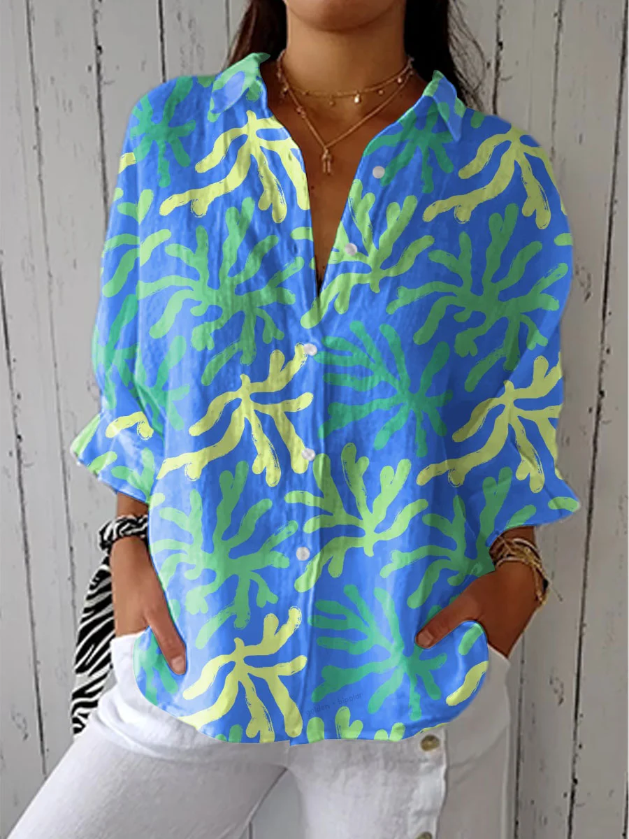 Women's Vintage Color Block Coral Art Print Casual Linen V-neck Shirt