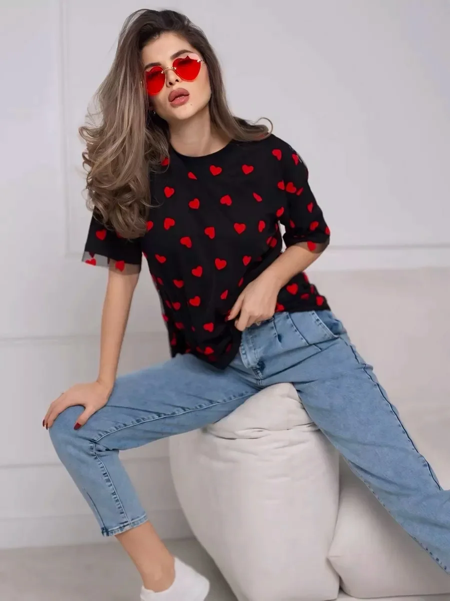 Athvotar Athvotar New Sexy Women's Love Mesh Splicing Loose Basic Round-Neck Short-Sleeved T-Shirt