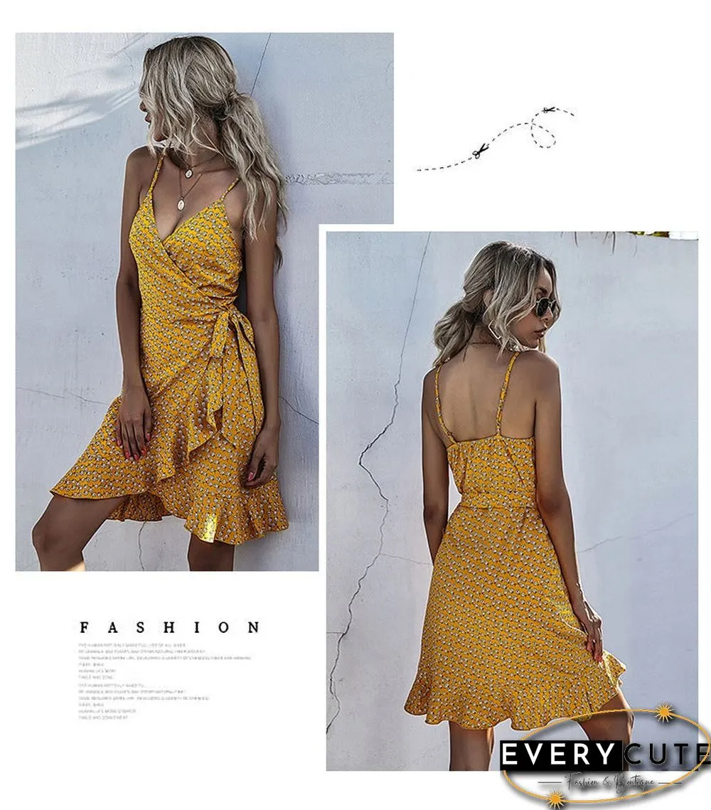 Summer Printing Irregular Ruffled Suspenders Dress Women