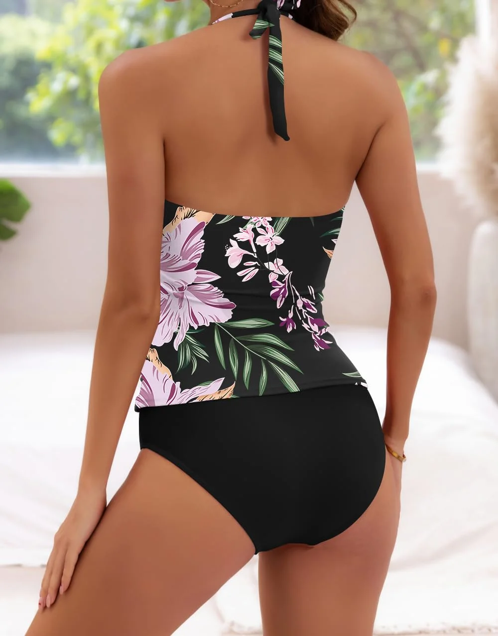 Halter V Neck Tummy Control Tankini Swimsuit for Women 