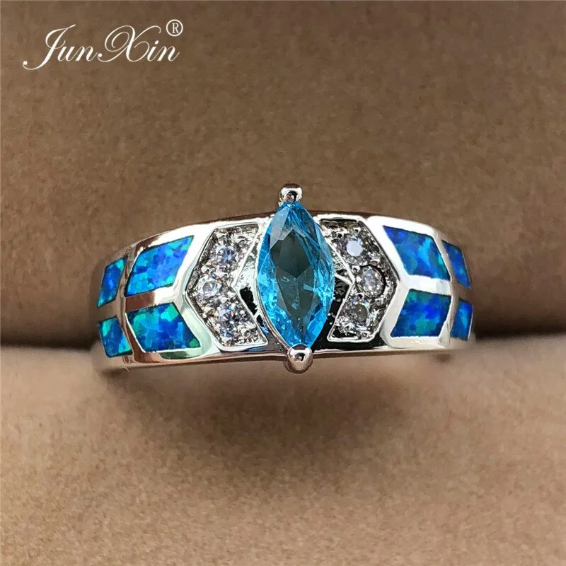 2019 Fashion Boho Women Blue Fire Opal Stone Ring Fashion Silver Color Filled Jewelry Vintage Wedding Rings For Women