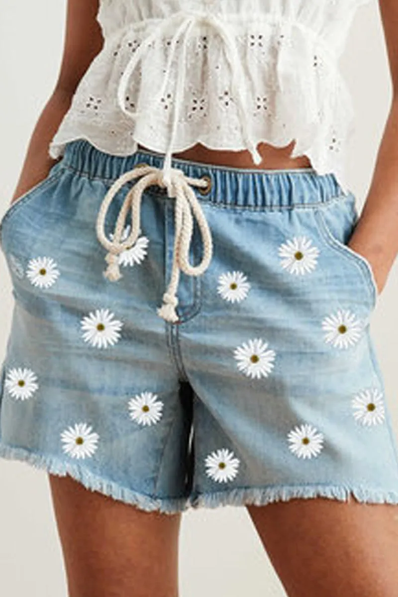 Denim Floral Printed Drawstring Waist Shorts