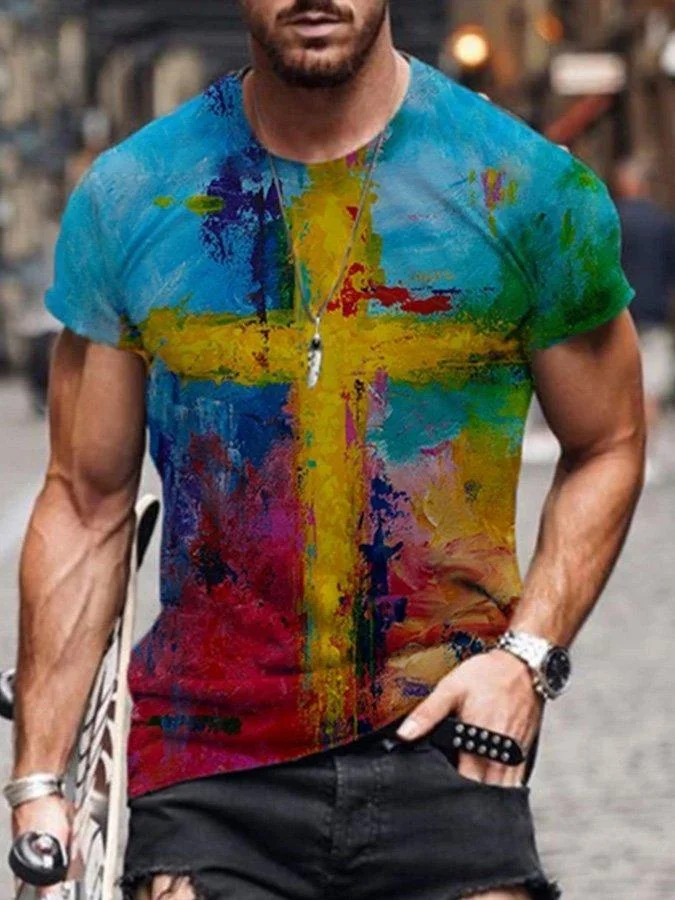 Men's Faith Cross Oil Painting Print T-shirt