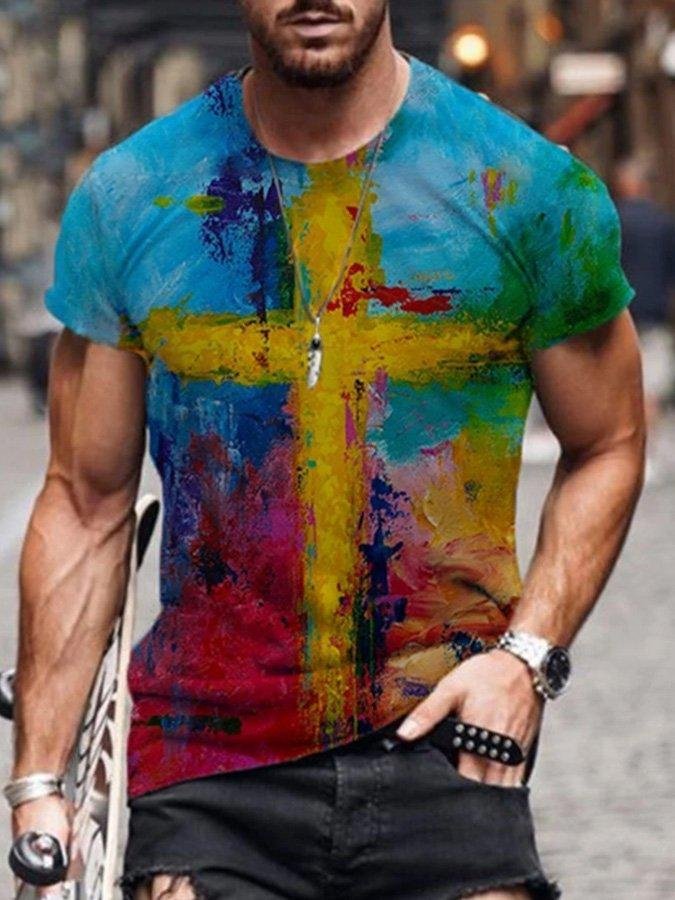 Men's Faith Cross Oil Painting Print T-shirt