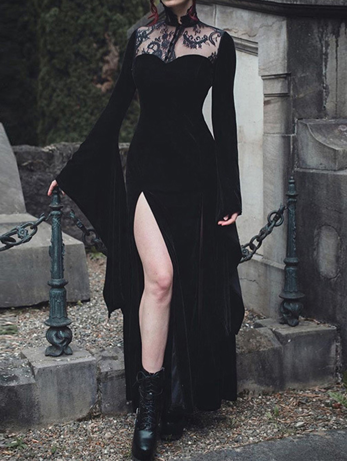 Gothic Velvet Lace Hollow Flare Sleeve Split Maxi Dress