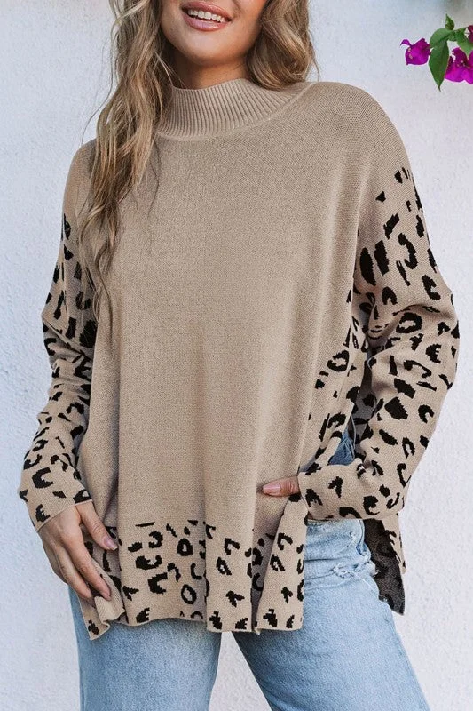 Leopard Mock Neck Side Slit Sweater
