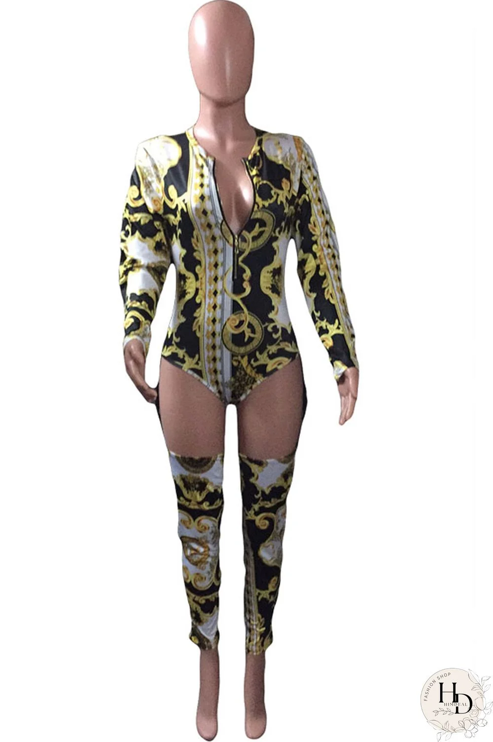 rose red Polyester Long Sleeve Print Patchwork Skinny shorts