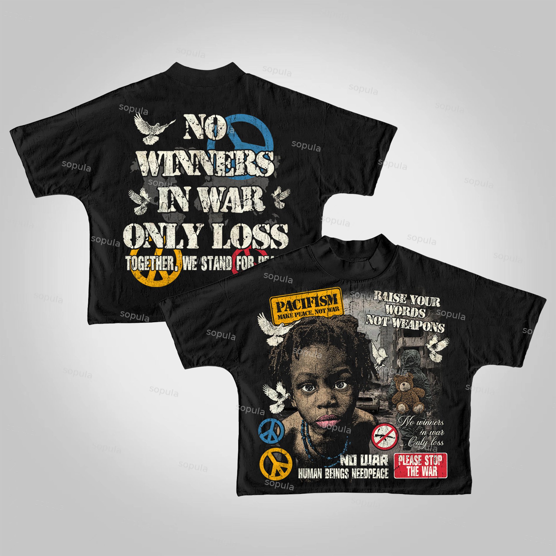 Sopula Human Beings Need Peace, Not War. Vintage Graphics Cropped T-Shirts